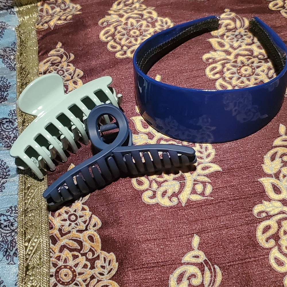 Blue Wide Headband + Navy & Light Sage Hair Clips Bundle Set